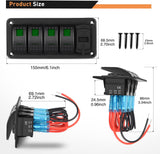 4 Gang Aluminum Rocker Switch Panel Green with 4.8 Amp Dual USB Charger Voltmeter