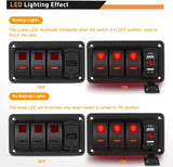 3 Gang Aluminum Rocker Switch Panel Red with 4.8 Amp Dual USB Charger Voltmeter