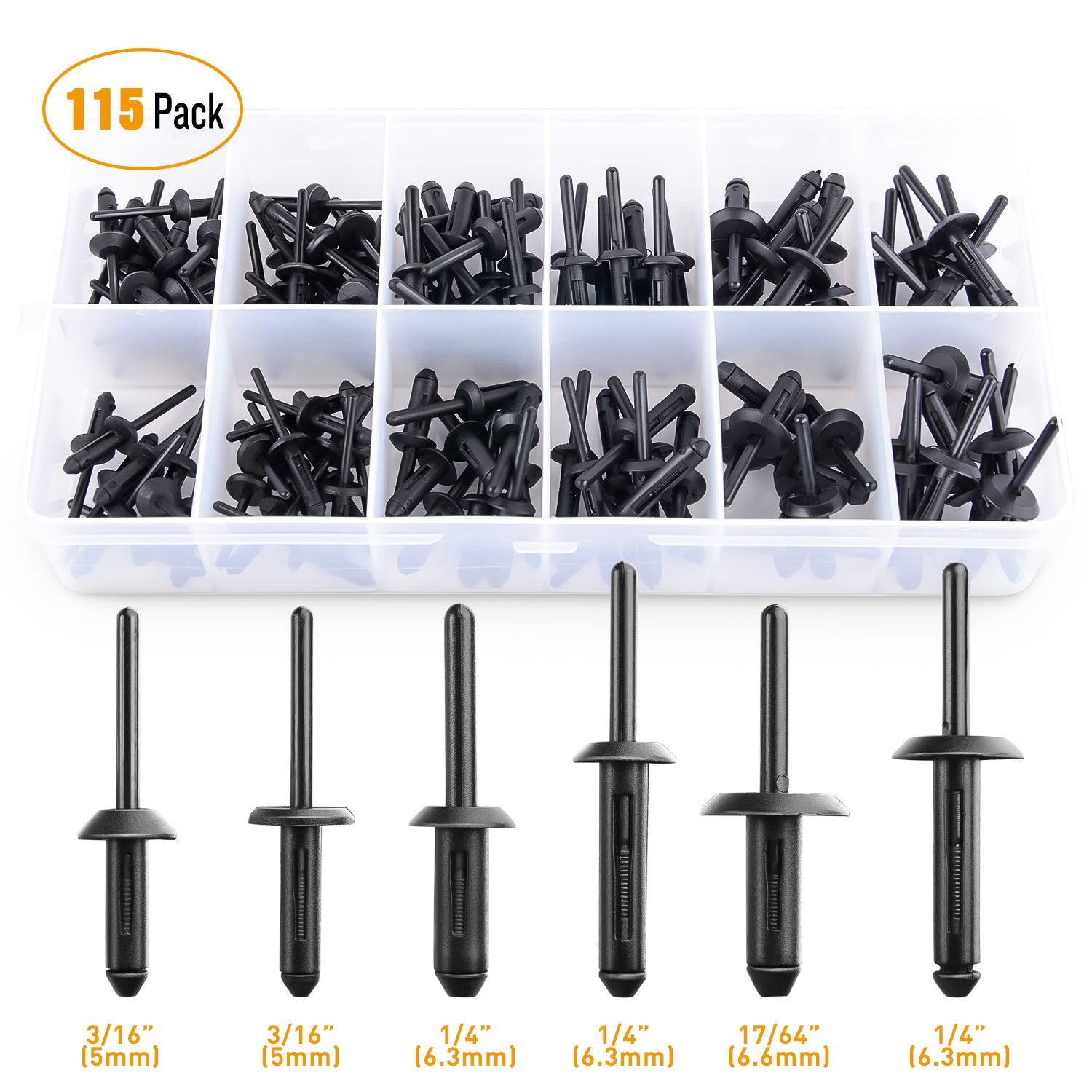 115 Pcs Automotive Nylon Universal Pop Rivet Assortment - 6 Most Popular  Sizes & Applications for GM Ford Chrysler VW