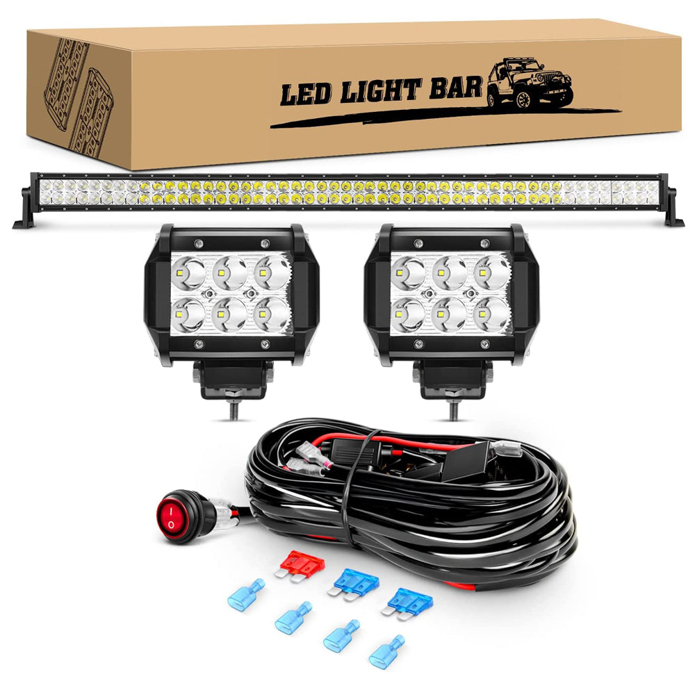 52 Inch 300W Flood Spot Combo LED Light Bar 2PCS 4Inch 18W Spot LED pods with Wiring Harness Kit-3 Leads