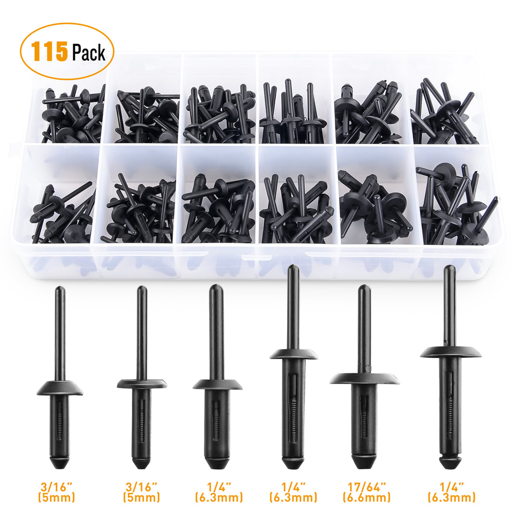 115 Pcs Automotive Nylon Universal Pop Rivet Assortment - 6 Most Popul ...