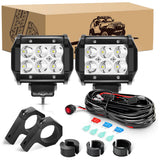 2 Pcs 18W Spot LED Pods with 16AWG 3Pin Rocker Switch Wiring Harness kit Horizontal Bar Tube Clamp