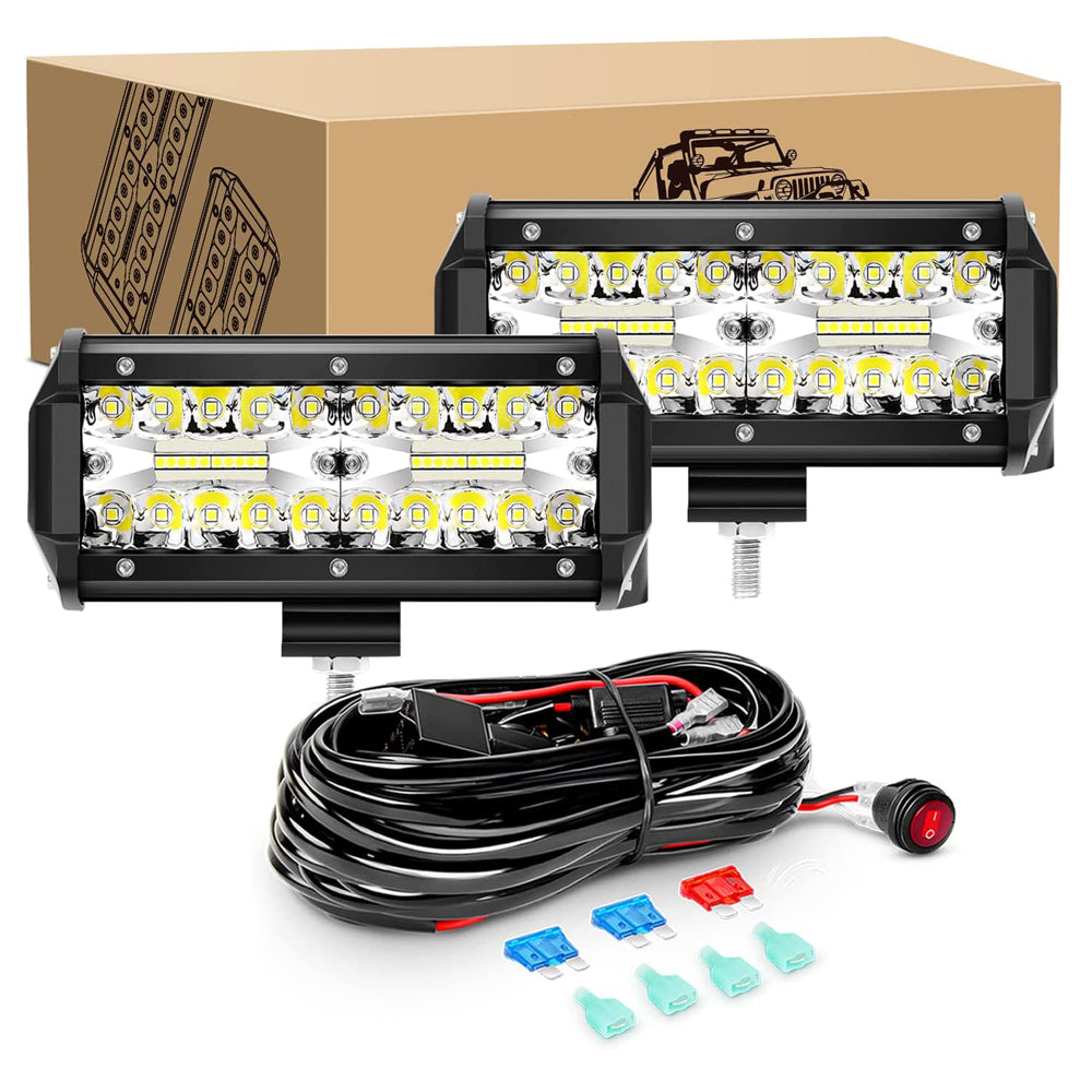 2 Pcs 6.5 Inch 120W Flood Triple Row LED Pods with 16AWG 3Pin Wiring Harness-2 Leads