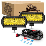 2 Pcs 6.5 Inch 120W Triple Row Flood Amber LED Pods with 16AWG 3Pin Wiring Harness-2 Leads