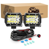 2 Pcs 60W 4 Inch Triple Row Flood LED Pods with 16AWG 3Pin Wiring Harness-2 Leads