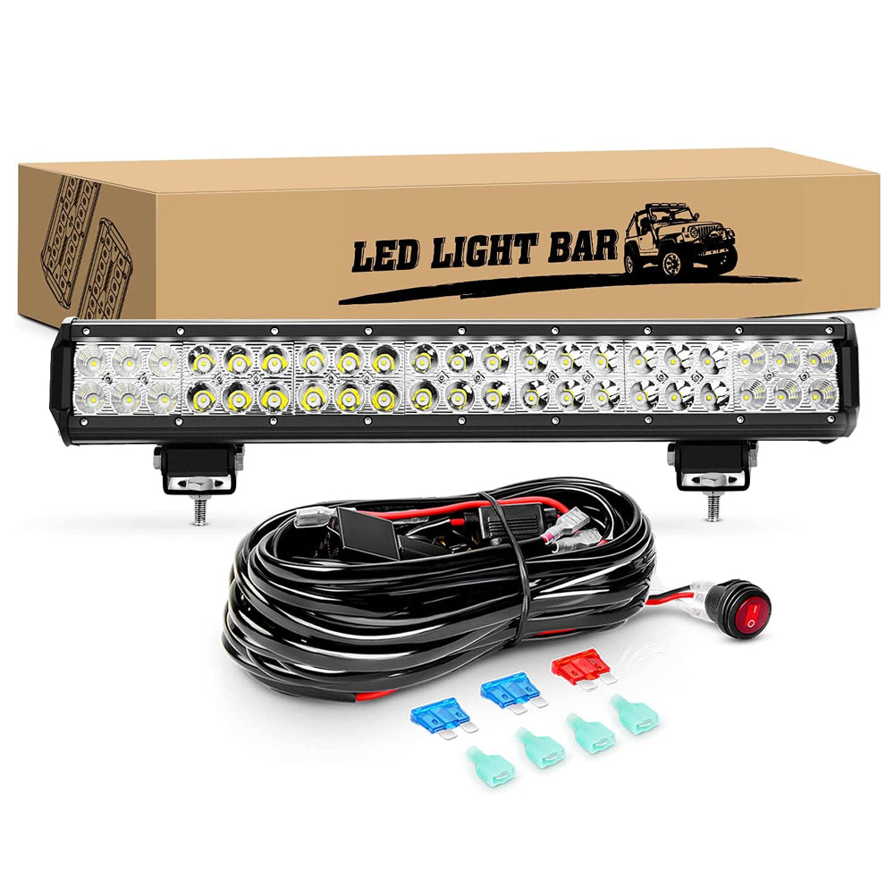 SKYWORLD LED Light Bar, 20 inch 126W Spot Flood Combo Beam Work Driving  Lamp with Black License Plate Mounting Bracket Wiring Harness Kit for Truck