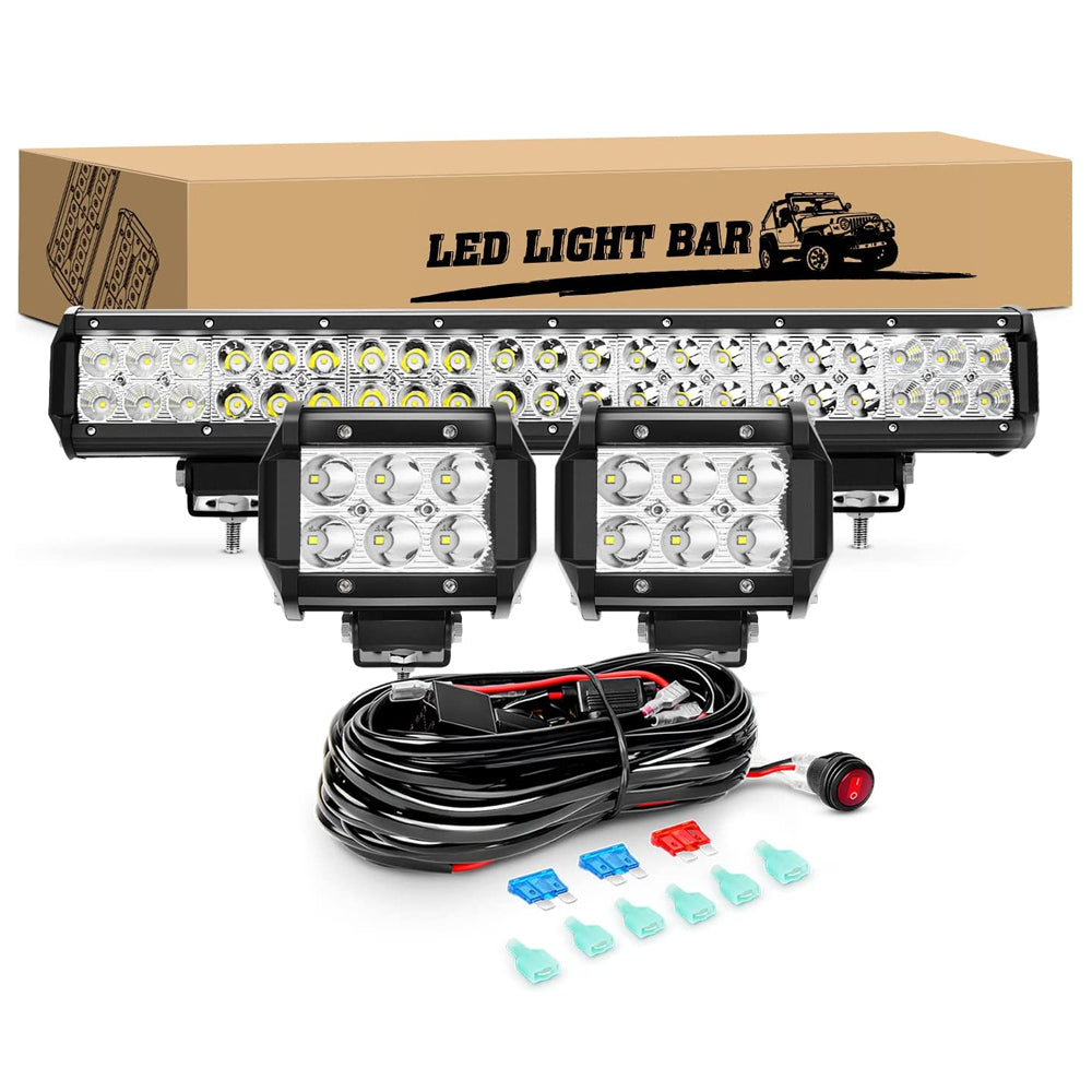 20 Inch 126W Combo Led Light Bar 2PCS 4 Inch 18W Spot LED Pods with 16AWG Off Road Wiring Harness-3 Leads