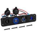 4 in 1 ON Off Charger Socket Panel Blue Dual USB Voltmeter Cigarette Lighter Socket