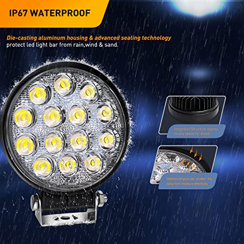 2 Pcs 4.5Inch 42W Led Round Flood Work Light 4200LM with 16AWG Wiring Harness Kit-2 Leads