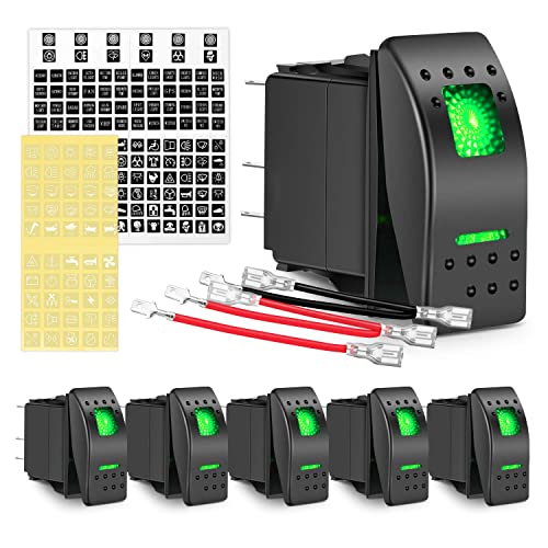 6 Packs Night Glow Stickers 5 PIN SPST Rocker Switches with Green Backlit 12V 24V
