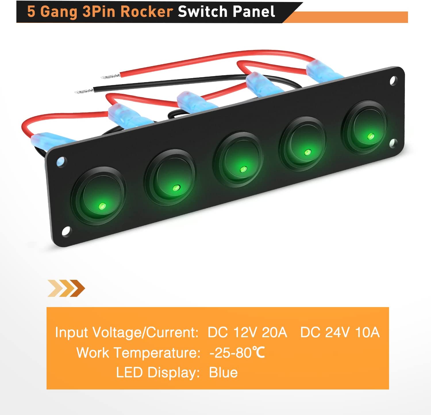 5 Gang 3 Pin Rocker Switch Panel Green