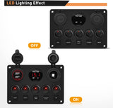 5 Gang Rocker Switch Dual USB Charger Digital Volmeter Red