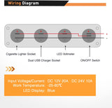 4 in 1 ON Off Charger Socket Panel Green Dual USB Voltmeter Cigarette Lighter Socket