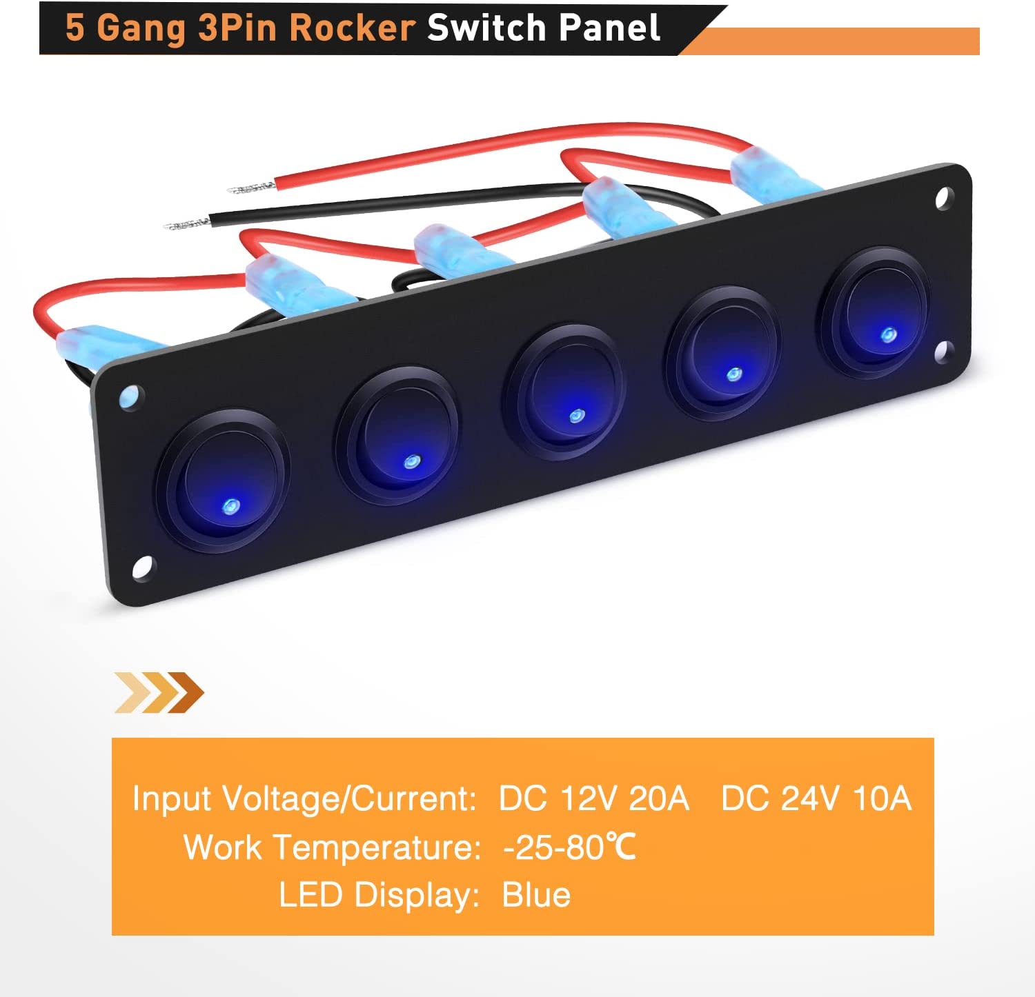 5 Gang 3 Pin Rocker Switch Panel Blue