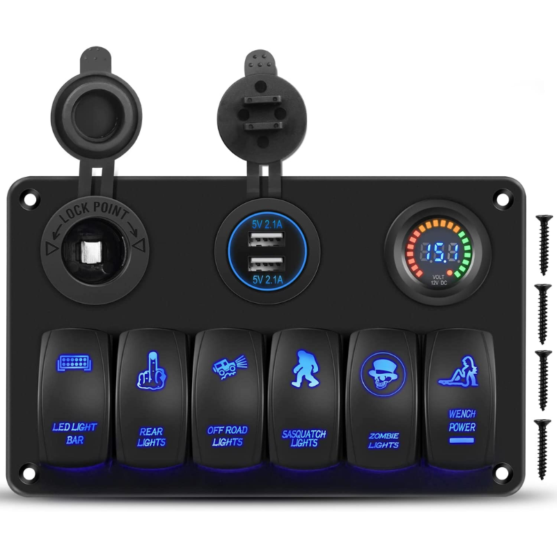 6 Gang Rocker Switch Panel Laser Etched Aluminum Panel LED Light Bar S ...