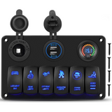 6 Gang Rocker Switch Panel Laser Etched Aluminum Panel LED Light Bar Switch Panel with Cigarette Lighter and Dual USB Charger and Voltmeter