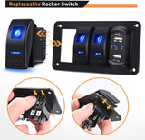 3 Gang Aluminum Rocker Switch Panel Blue with 4.8 Amp Dual USB Charger Voltmeter