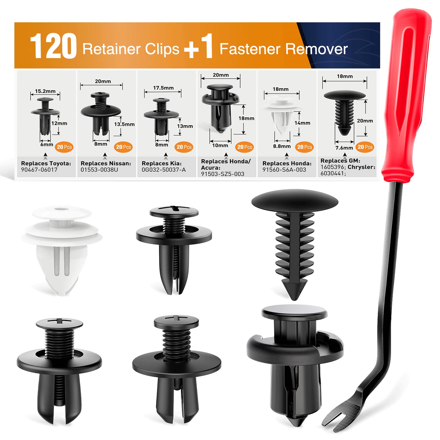 120 Pcs Car Bumper Retainer Retaining Clips & Nylon Fasteners Rivet Kit 6mm  7.6mm 8mm 8.8mm 10mm Door Trim Panel Clips Bumper Push Rivet Clips