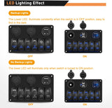 6 Gang Rocker Switch Panel Laser Etched Aluminum Panel Waterproof Light Bar Switch Cigarette Lighter Dual USB Voltmeter