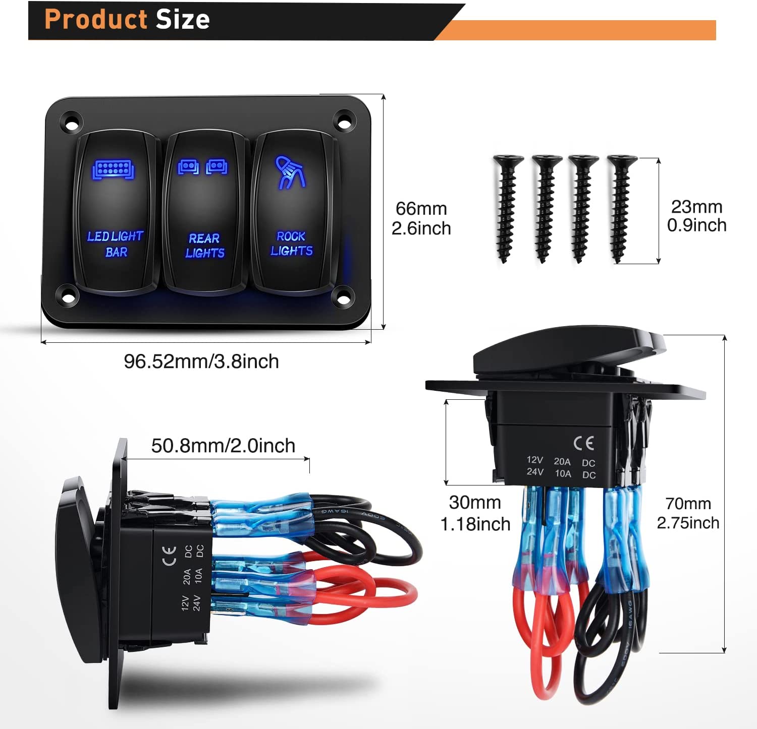 3 Gang LED Light Bar Rear Rock Lights Rocker Switch Panel Blue – gooacc