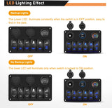 6 Gang Rocker Switch Panel Laser Etched Aluminum Panel LED Light Bar Switch Panel with Cigarette Lighter and Dual USB Charger and Voltmeter