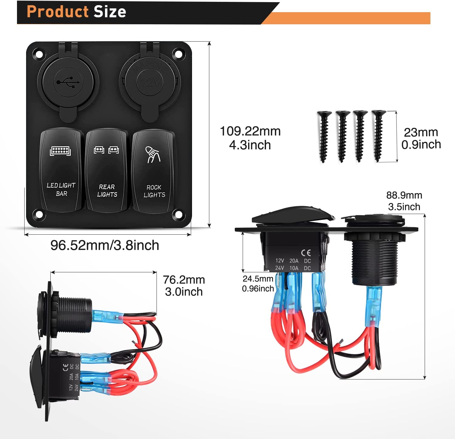 3 Gang Rocker Switch Panel with Daul USB Charger and Cigarette