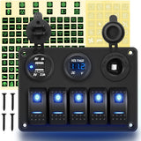 5 Gang Rocker Switch Panel Pre-Wired Aluminum Switch Panel with Dual USB Cigarette Lighter Socket Voltmeter