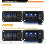 3 Gang Aluminum Rocker Switch Panel Blue with 4.8 Amp Dual USB Charger Voltmeter