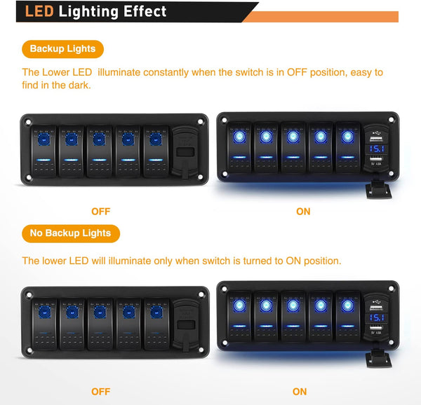 5 Terminal Rocker Switch 5 Gang Rocker Switch Panel Blue Backlit with 4.8 Amp Dual USB Charger ...