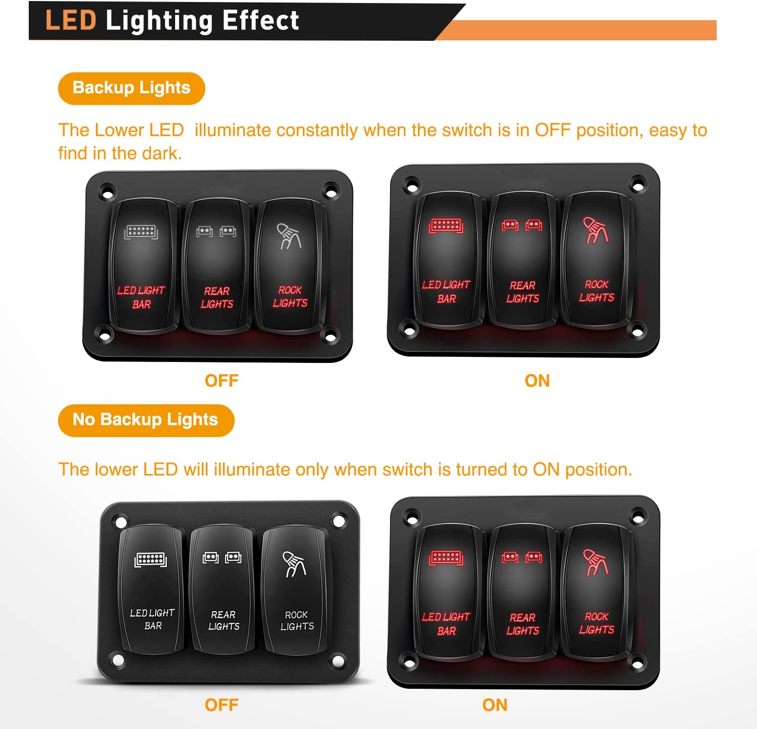 3 Gang LED Light Bar Rear Rock Lights Rocker Switch Panel Red – gooacc