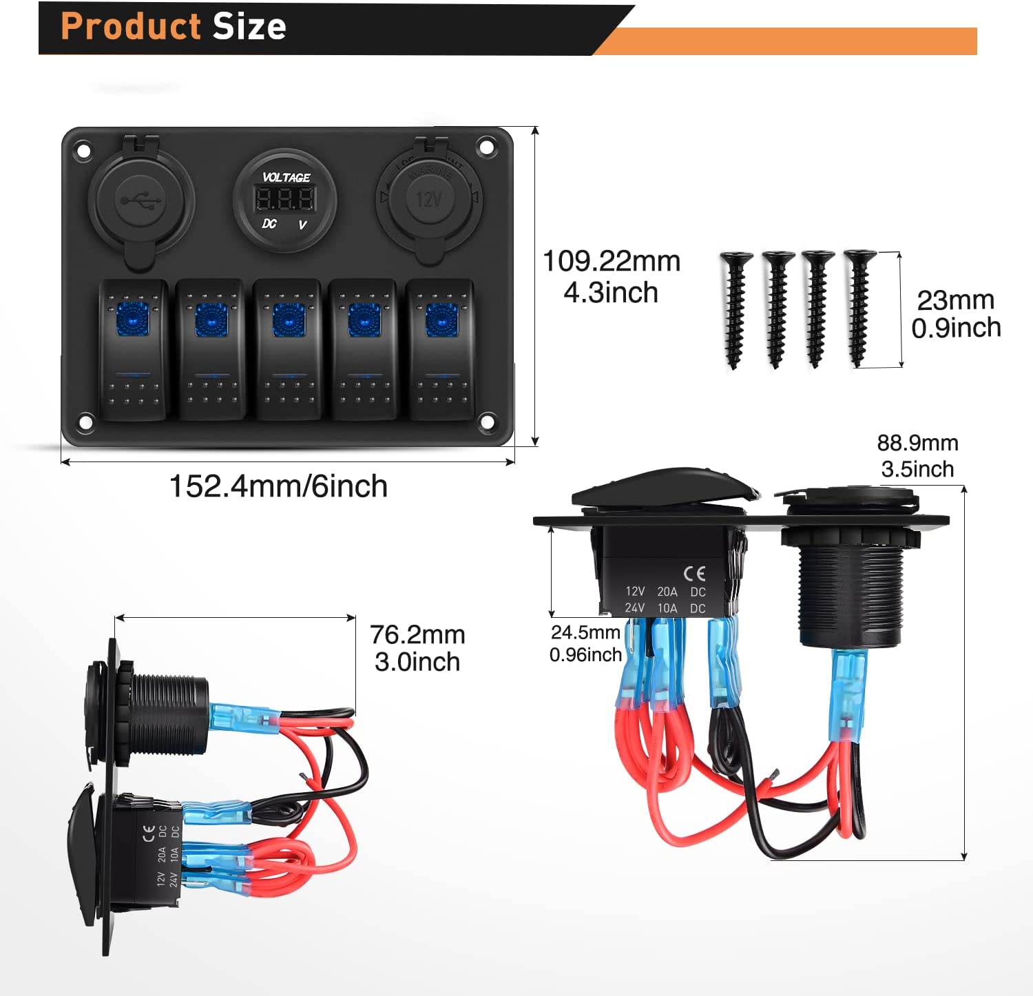 5 Gang Rocker Switch Panel Pre-Wired Aluminum Switch Panel with Dual USB Cigarette Lighter Socket Voltmeter