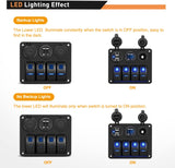 4 Gang Rocker Switch Panel Blue with USB Charger Voltmeter and Cigar Lighter