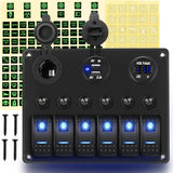 6 Gang Rocker Switch Panel Blue Backlit Digital Voltmeter 3.1A Dual USB Charger Cigarette