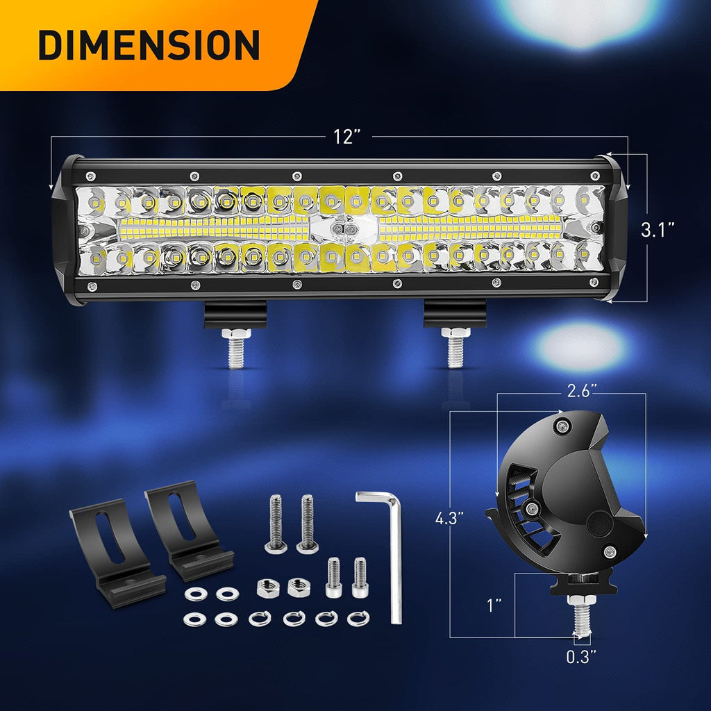 12 Inch 300W Triple Row Led Light Bar Spot Flood Combo with 16AWG 3Pin ...