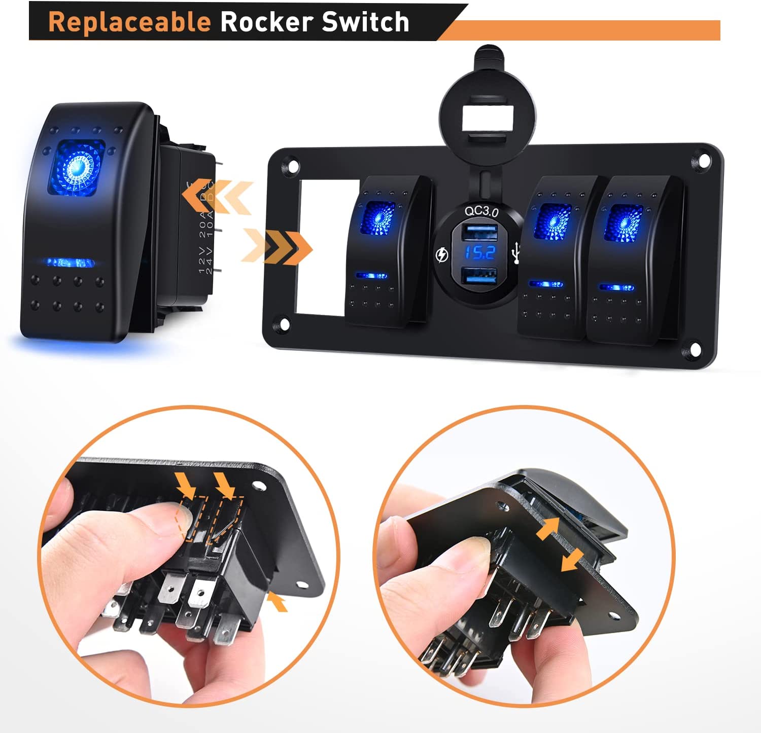 4 Gang Rocker Switch Panel Blue with QC3.0 Dual USB Charger Voltmeter