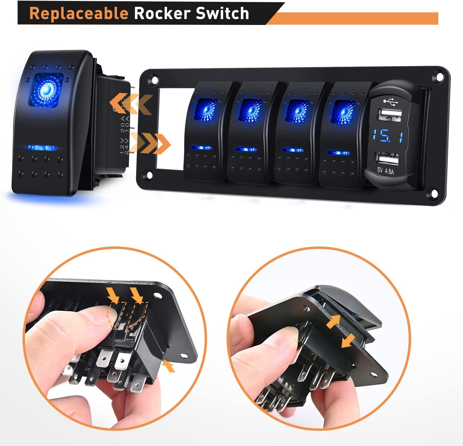 5 Gang Rocker Switch Panel Blue Backlit with 4.8 Amp Dual USB Charger Voltmeter