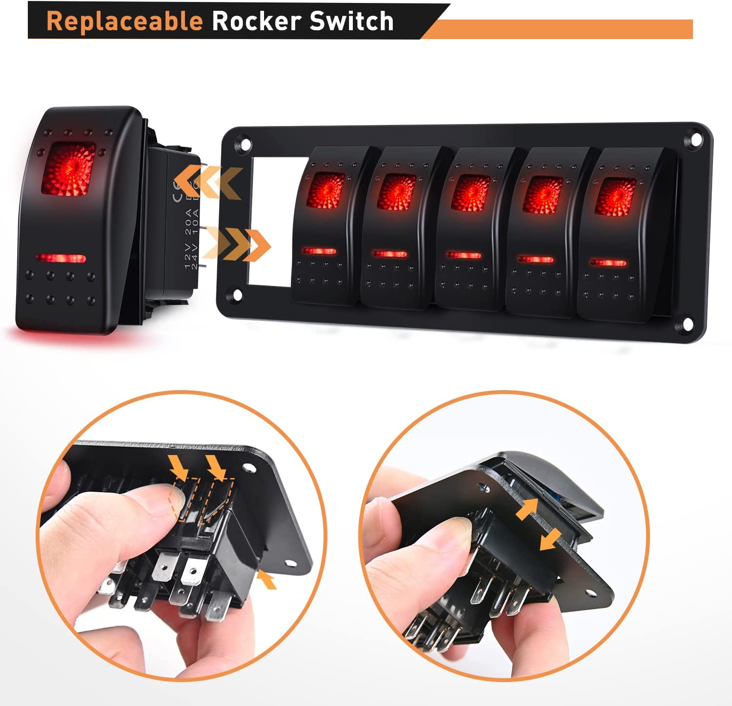 6 Gang Aluminum Rocker Switch Panel Red