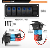 5 Gang Rocker Switch Panel Blue Backlit with 4.8 Amp Dual USB Charger Voltmeter