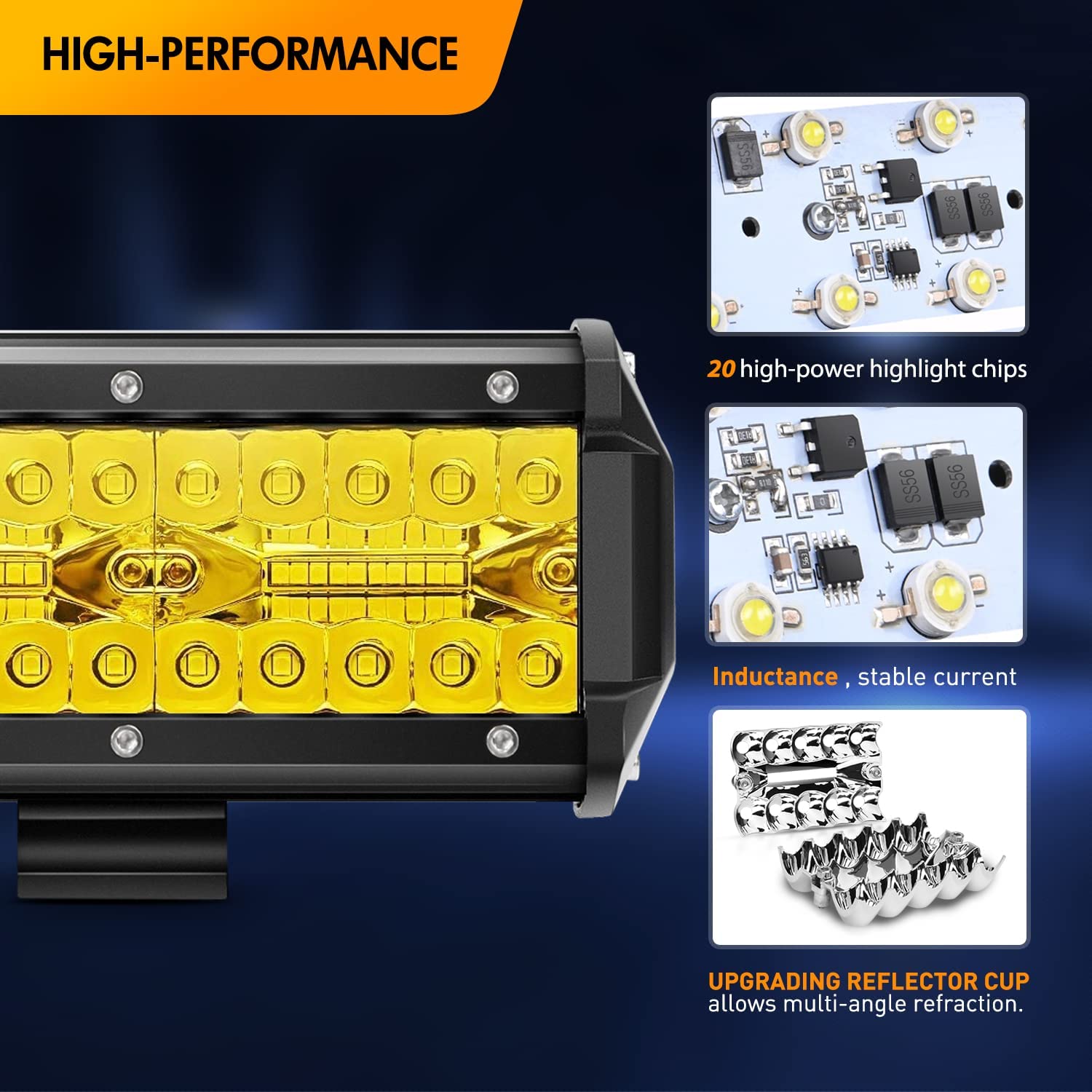 20 Inch 420W 42000LM Amber Triple Row Flood Spot Combo LED Light Bar with 16AWG 3Pin Rocker Switch Wiring Harness kit