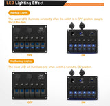 6 Gang Rocker Switch Panel Blue Backlit Digital Voltmeter 3.1A Dual USB Charger Cigarette