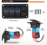 3 Gang Aluminum Rocker Switch Panel Blue with 4.8 Amp Dual USB Charger Voltmeter