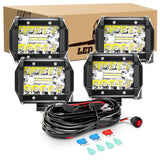 4 Pcs 60W 4 Inch Triple Row Flood LED Pods with 16AWG 3Pin Wiring Harness-4 Leads