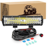 12 Inch 300W Triple Row Led Light Bar Spot Flood Combo with 16AWG 3Pin Rocker Switch Wiring Harness kit