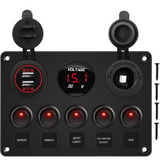 5 Gang Rocker Switch Dual USB Charger Digital Volmeter Red